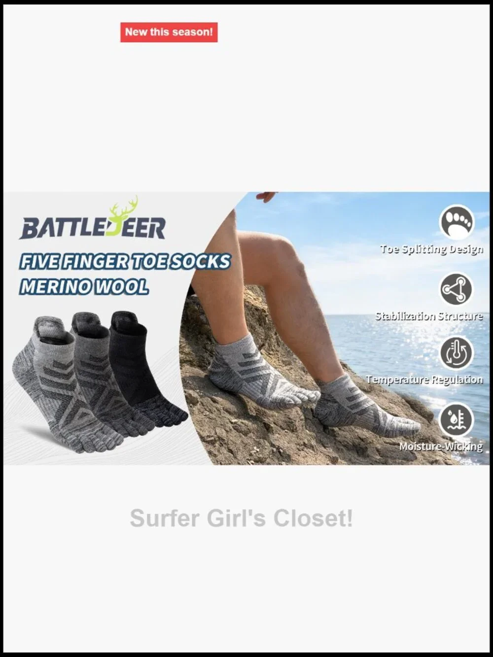 Merino Wool Toe Socks - 3 Pairs - Thick Cushion Hiking Running with Arch Support
